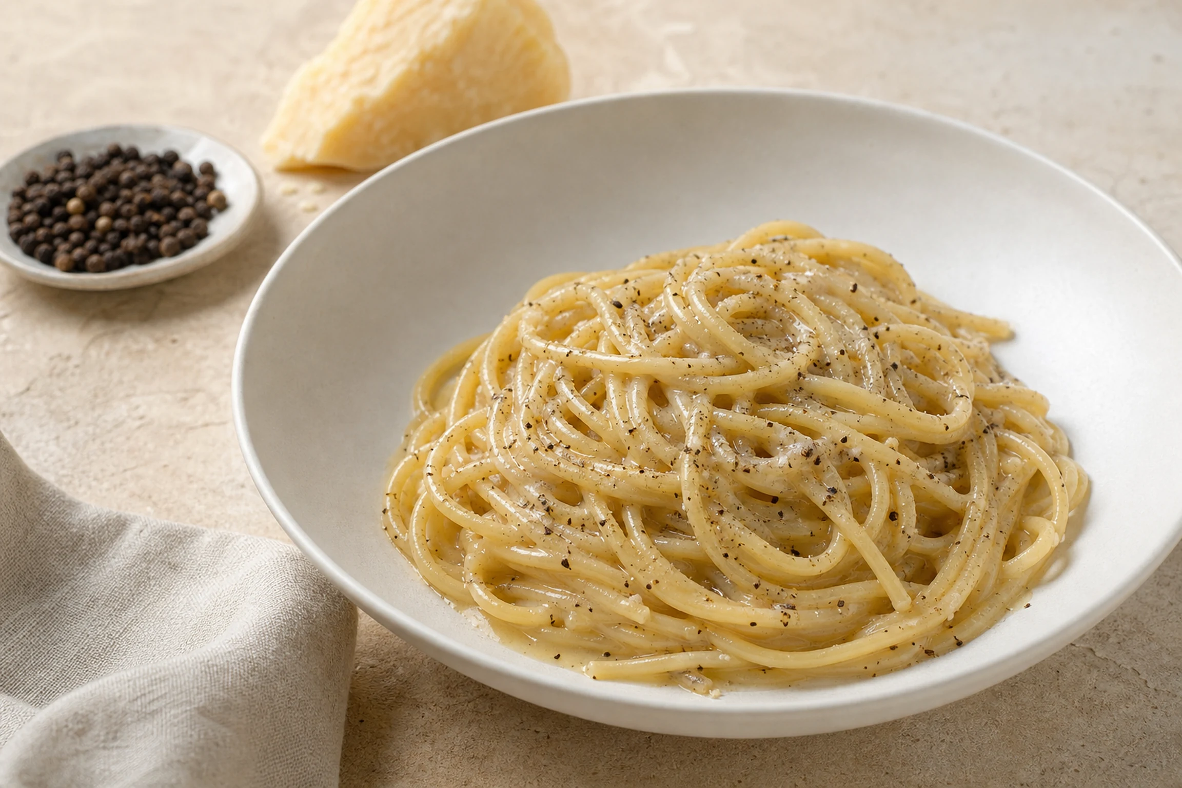 Espaguete cacio e pepe cremoso com pimenta-do-reino e Pecorino Romano