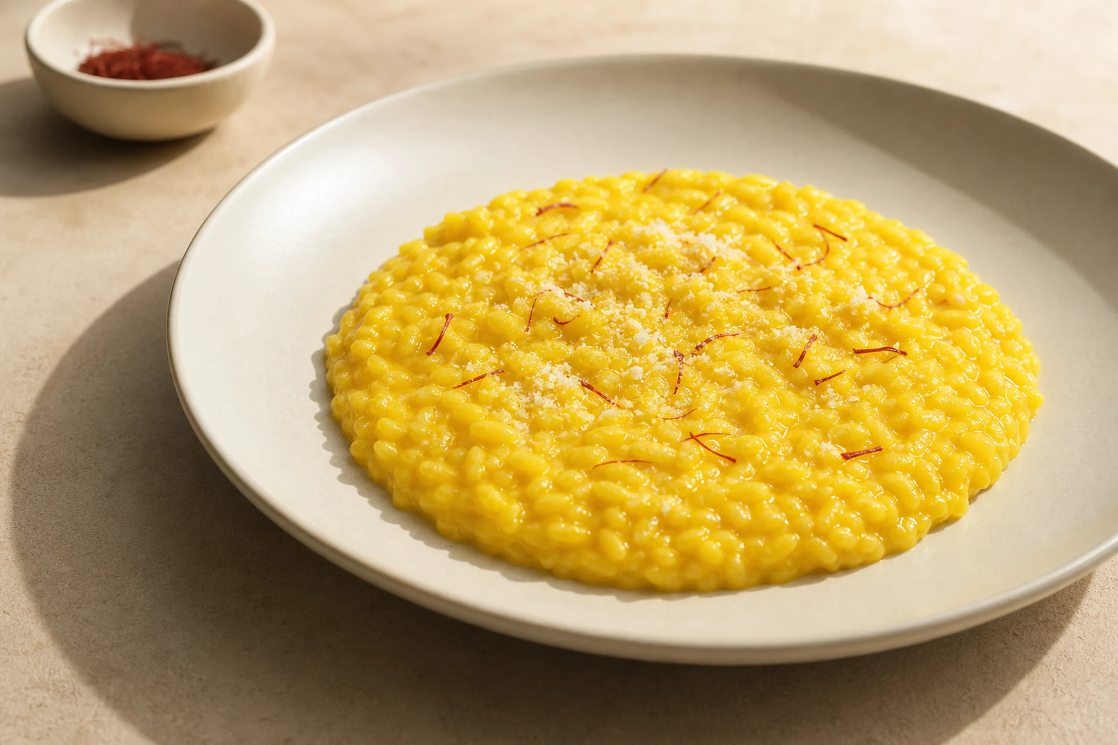 Risoto à milanesa dourado e cremoso espalhado no prato