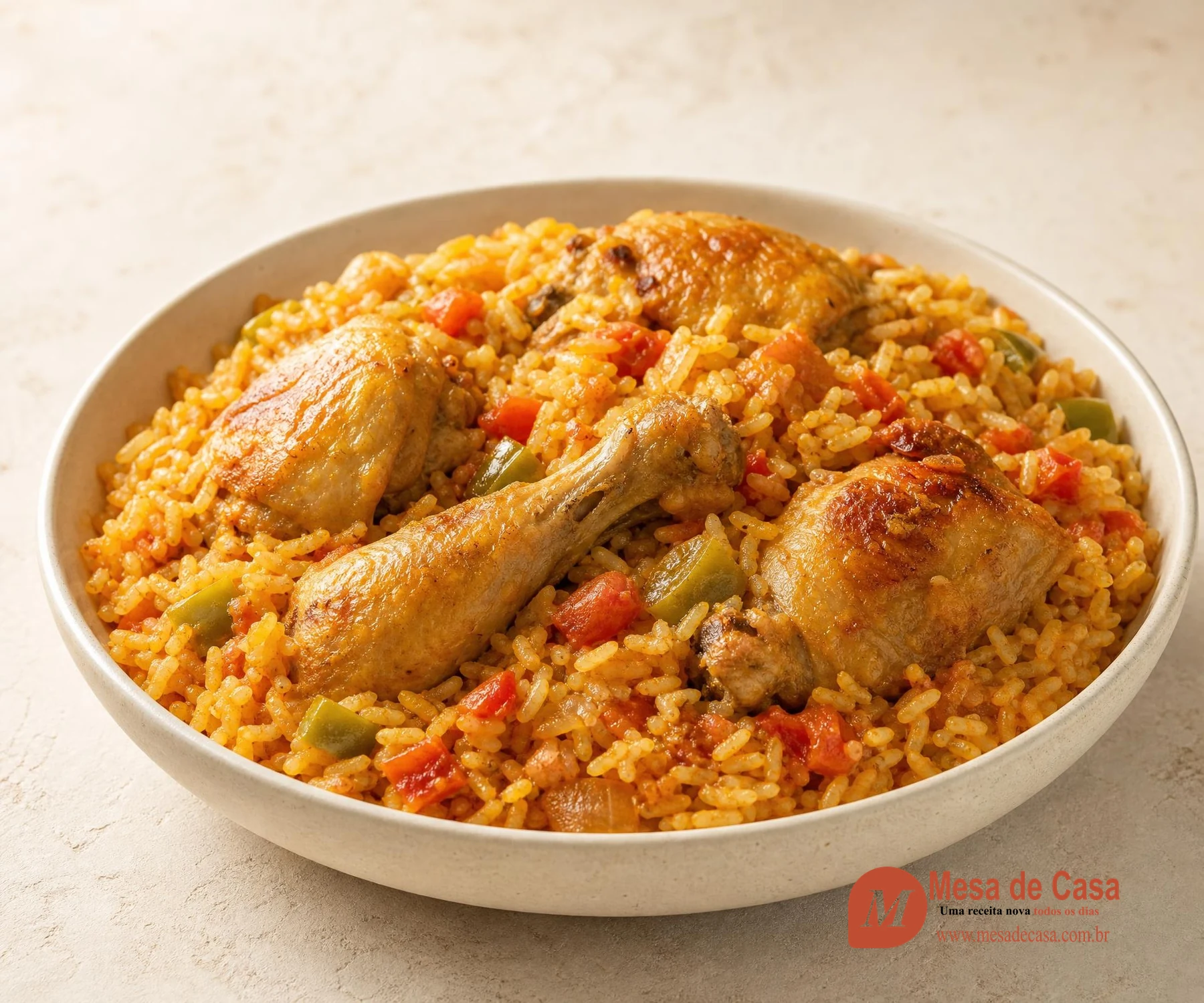Travessa de arroz amarelo-avermelhado com pedaços de frango dourado e pimentão verde