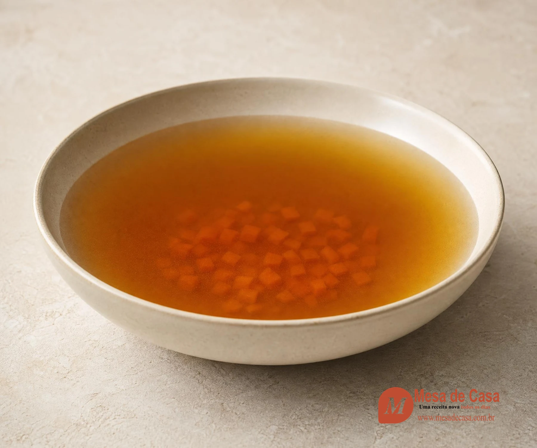 Consommé de carne cristalino e âmbar com pequenos cubos de cenoura em tigela clara