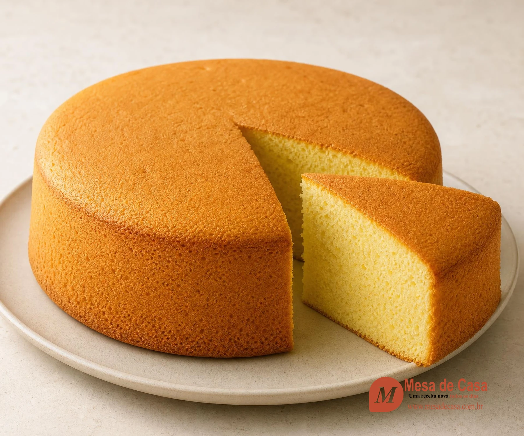 Génoise clássica alta e dourada com uma fatia cortada mostrando miolo amarelo e aerado