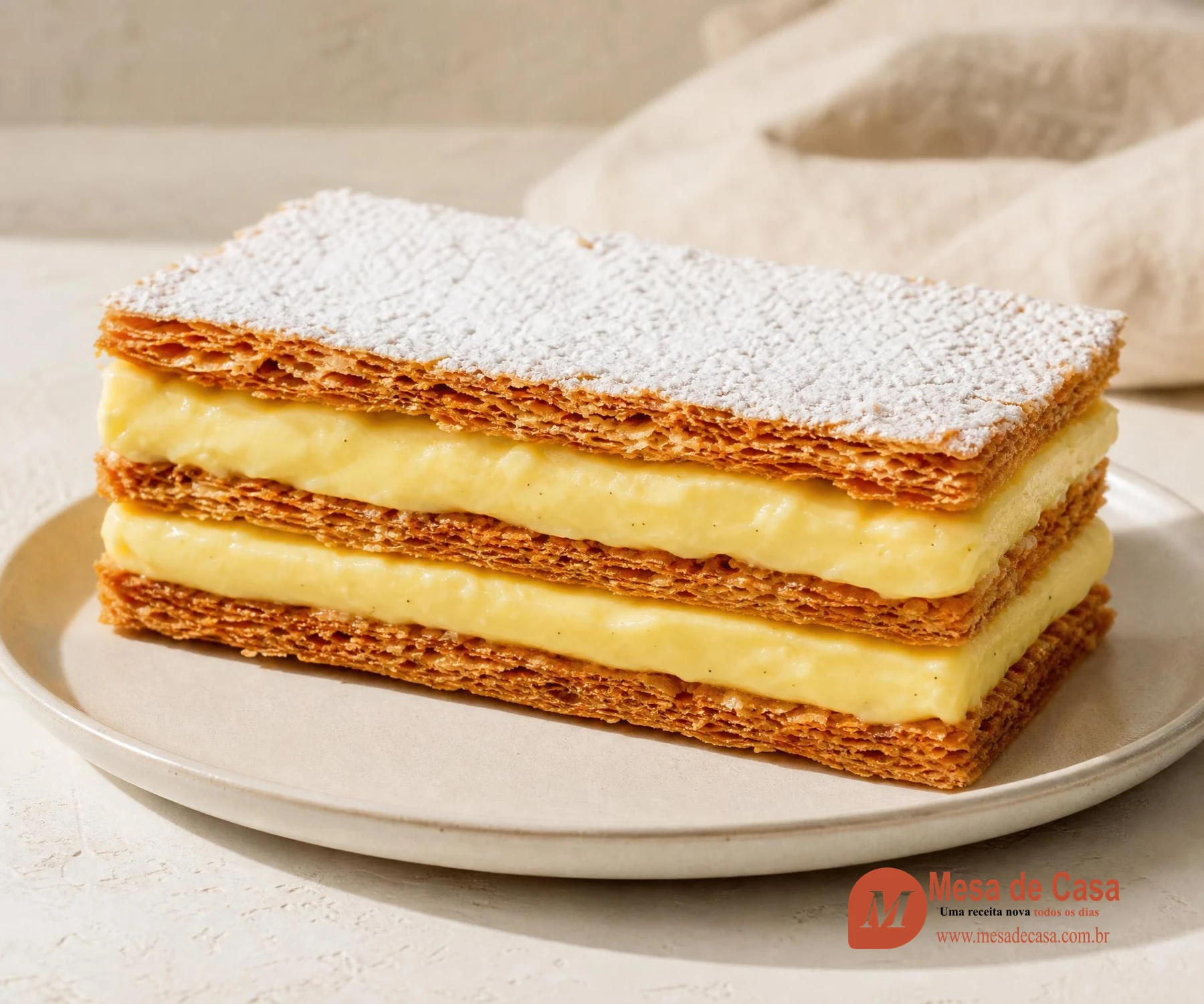Mille-feuille retangular com quatro placas folhadas e três camadas de creme de baunilha