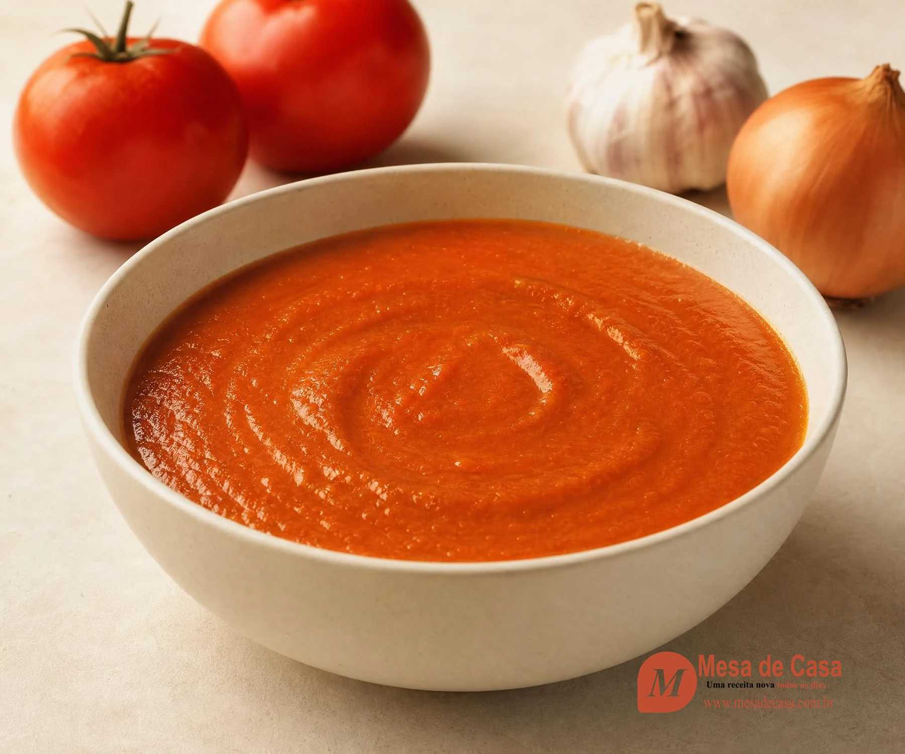 Sopa lisa e espessa de tomate assado em tigela clara com tomates, alho e cebola ao fundo