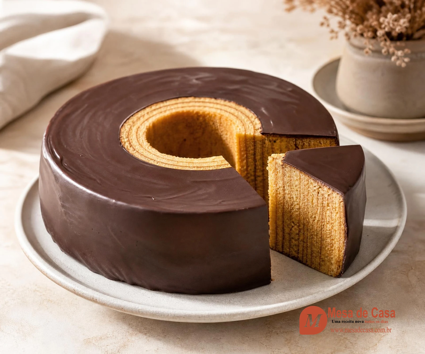 Baumkuchen redondo com muitos anéis dourados visíveis na fatia e cobertura fina de chocolate amargo