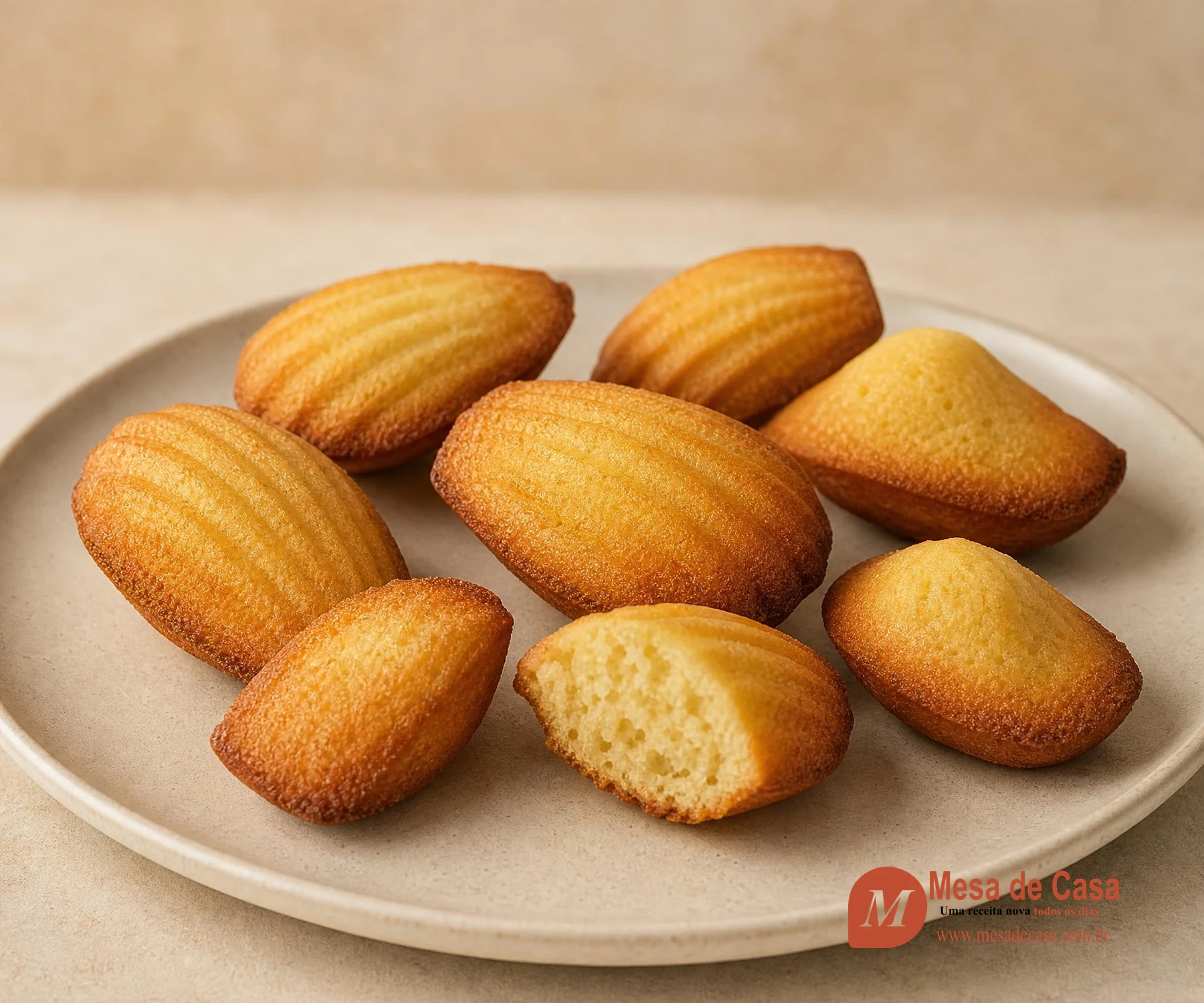 Madeleines de baunilha — douradas em forma de concha, servido em louça clara