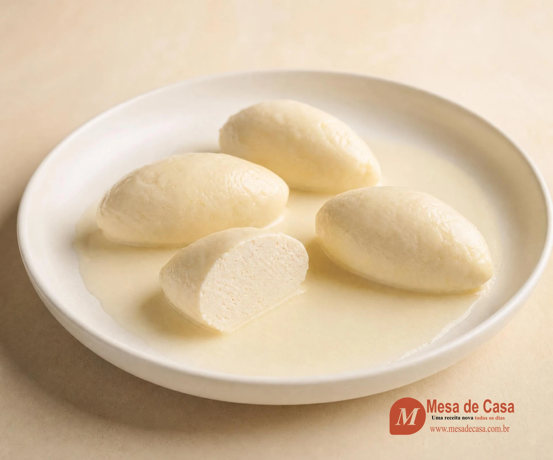 Quenelles de frango — com molho leve de creme, servido em louça clara