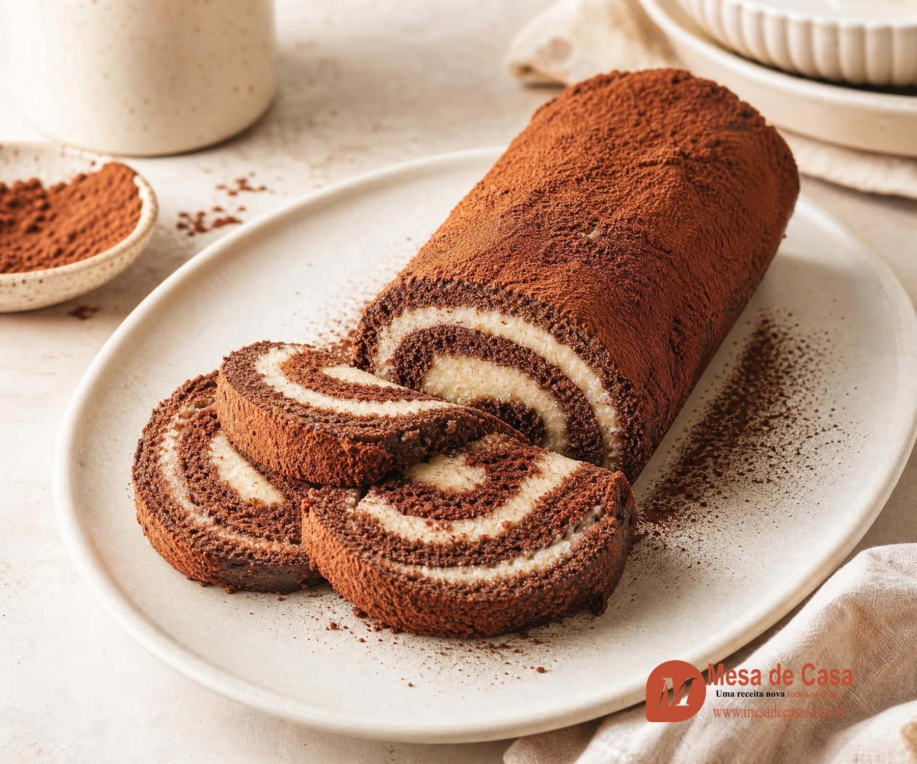 Rocambole escuro de chocolate enrolado em espiral uniforme com recheio claro de creme de baunilha