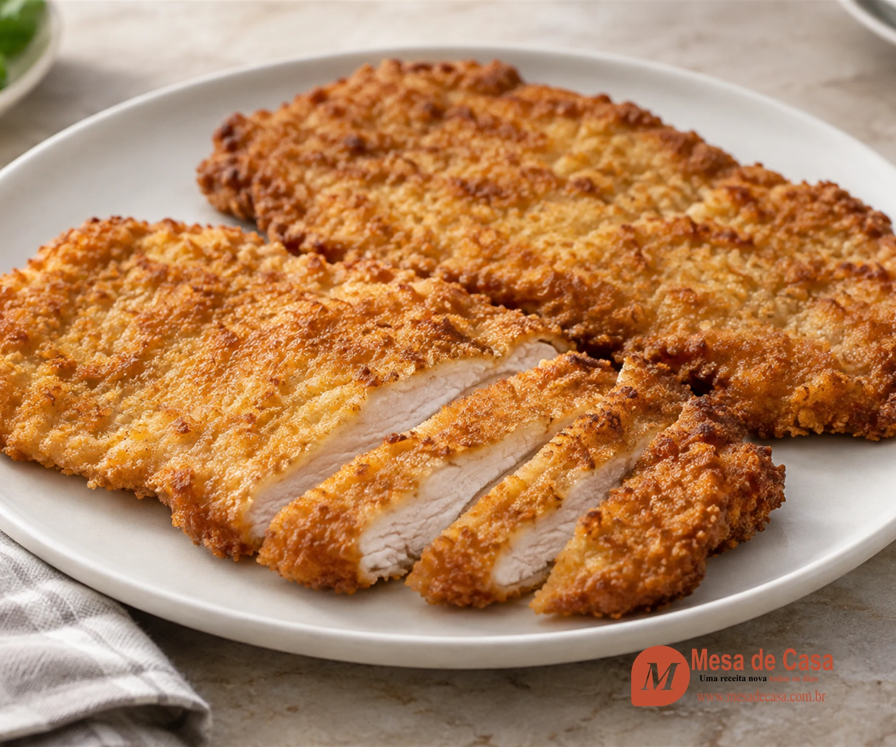 Schnitzel de frango fino e dourado, fatiado para mostrar o peito suculento